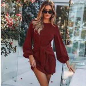 Panesare Sweater Dress long Sleeve Sz S Tie Wrap Bodycon Pencil Dress Maroon
